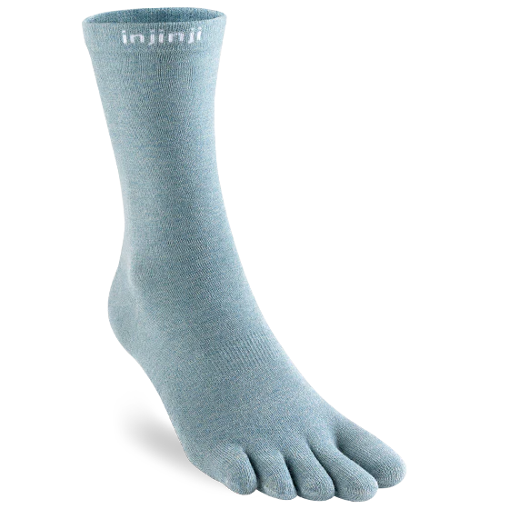 Pale blue toe sock with Injinjii logo on white background