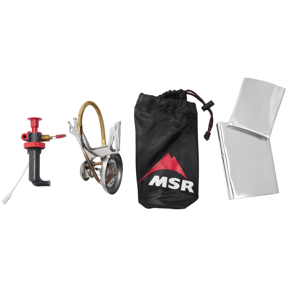 MSR camping stove kit with accessories on a white background