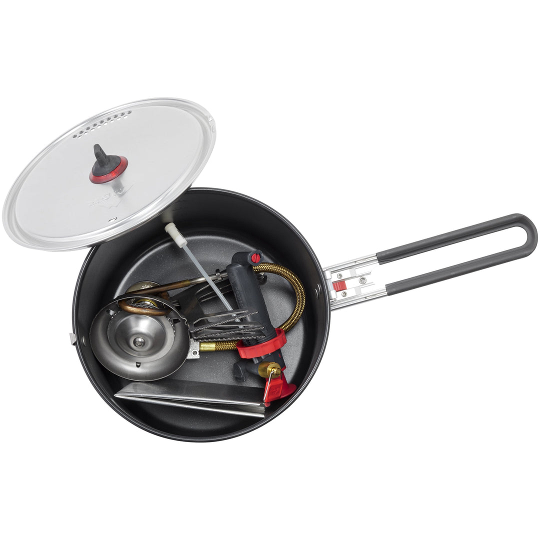 Camping stove with pot and accessories on a white background