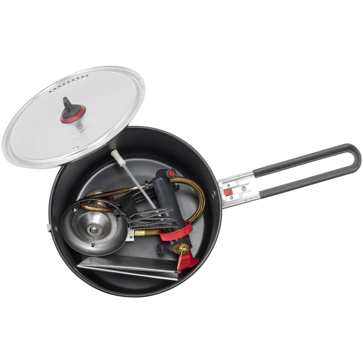 Camping stove with pot and accessories on a white background