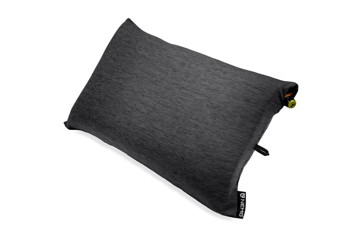 Gray travel pillow with a brand logo on a white background