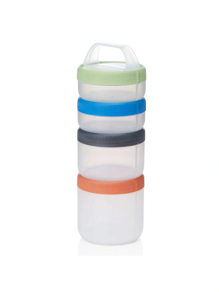 Stackable container with colorful lids on a white background