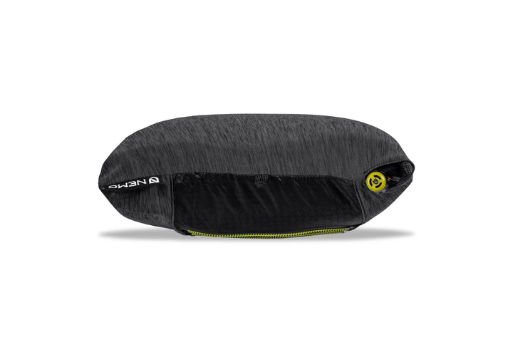 Black travel pillow with brand logo on a white background