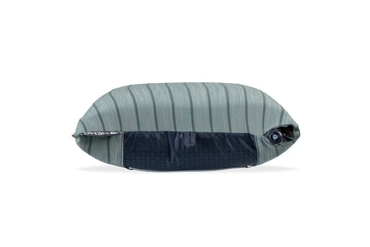 Inflatable camping pillow with a striped pattern on a white background