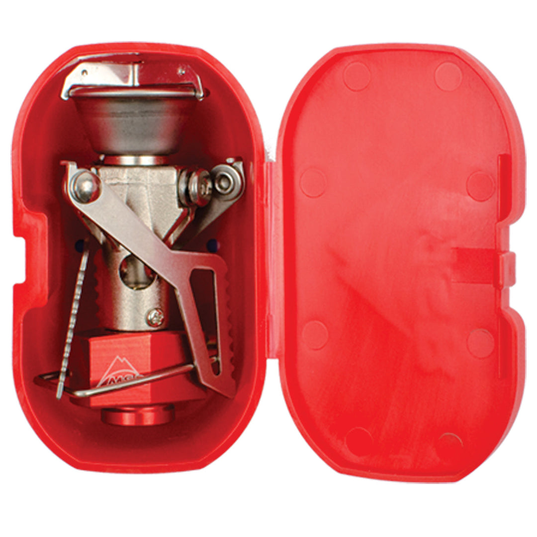 Camping stove in a red case on a white background