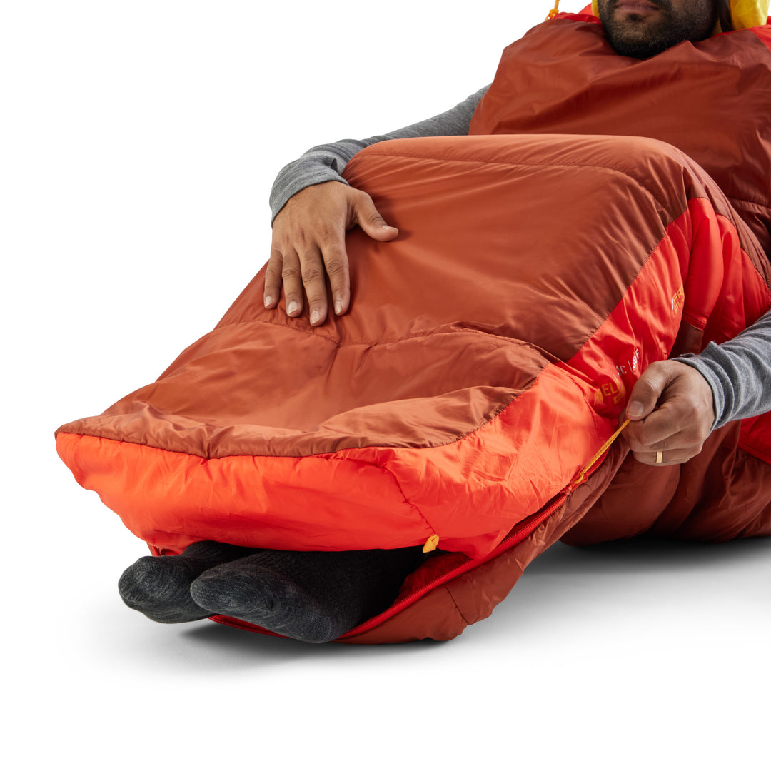 Person sitting in a red sleeping bag with their feet and arms sticking out through open zips