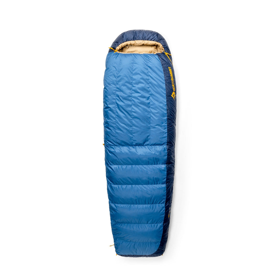 Blue sleeping bag with a brand logo on a white background