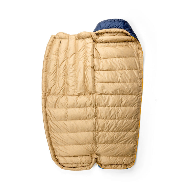 Blue sleeping bag with pale brown interior unzipped all the way round and opened flat