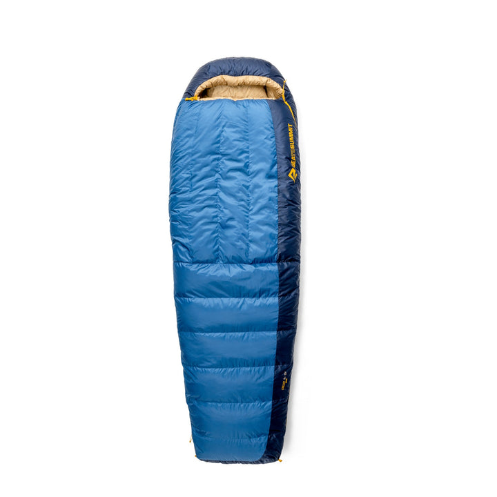 Blue sleeping bag with a brand logo on a white background