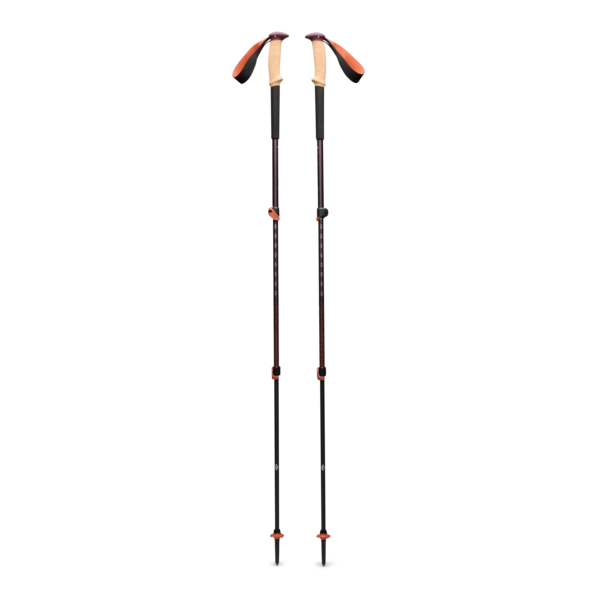 Pair of purple hiking poles, extended, on a white background