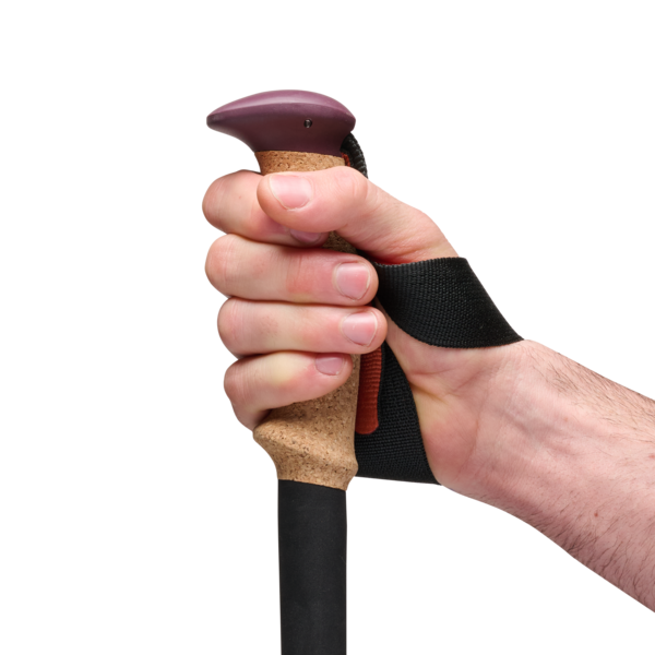Close up of a hand holding a trekking pole, demonstrating the correct use of the hand strap