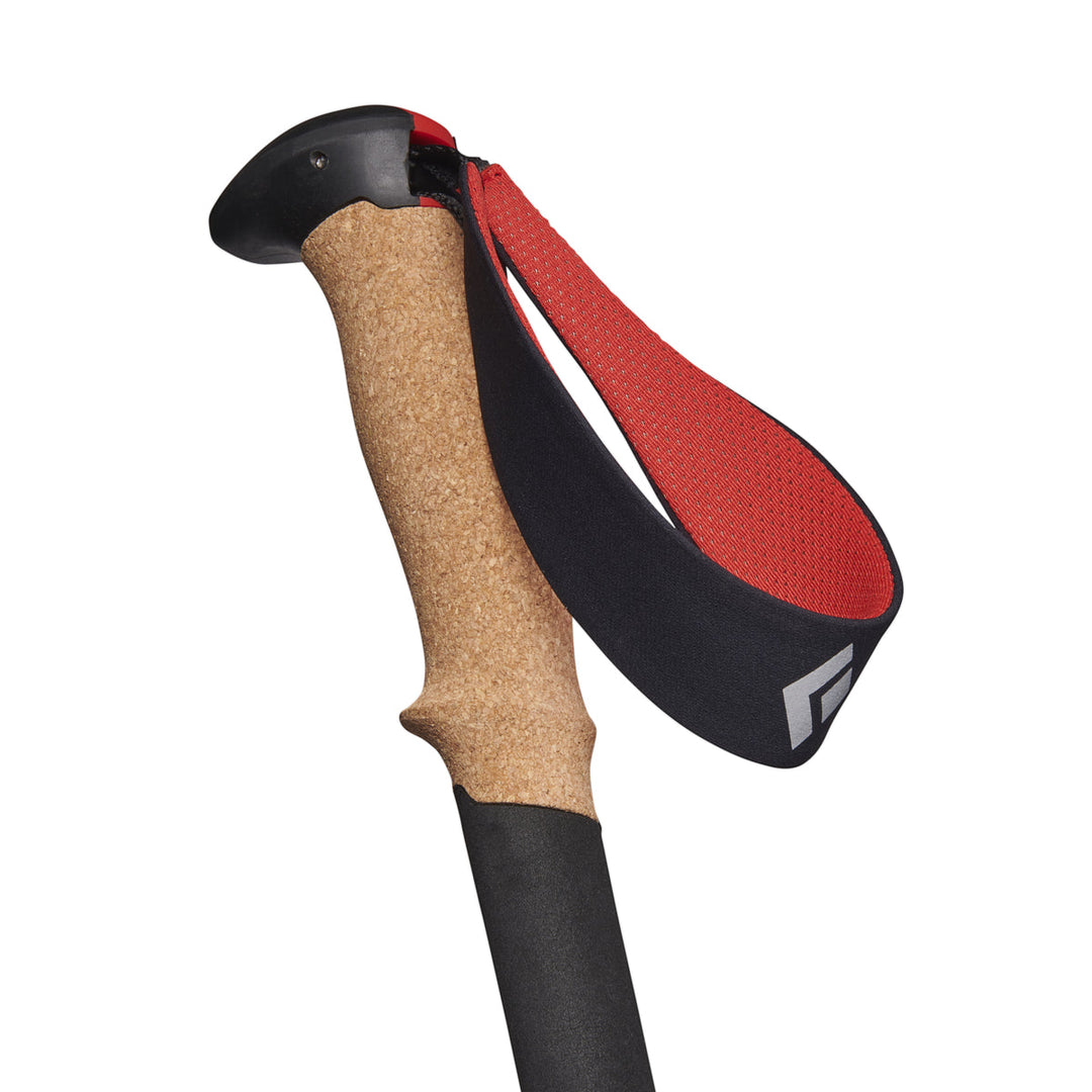 The top of a trekking pole, showing a cork grip, foam grip extension, and padded adjustable hand strap