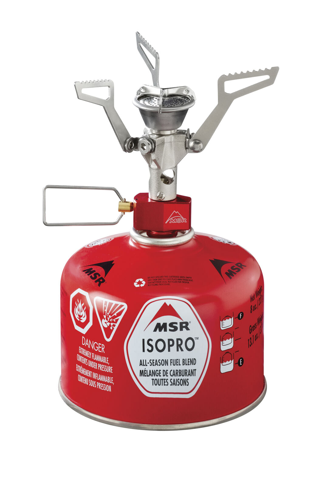 Camping stove with red fuel canister on a white background