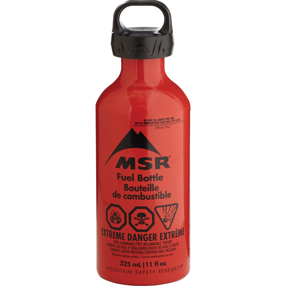 Red MSR fuel bottle with black cap on a white background