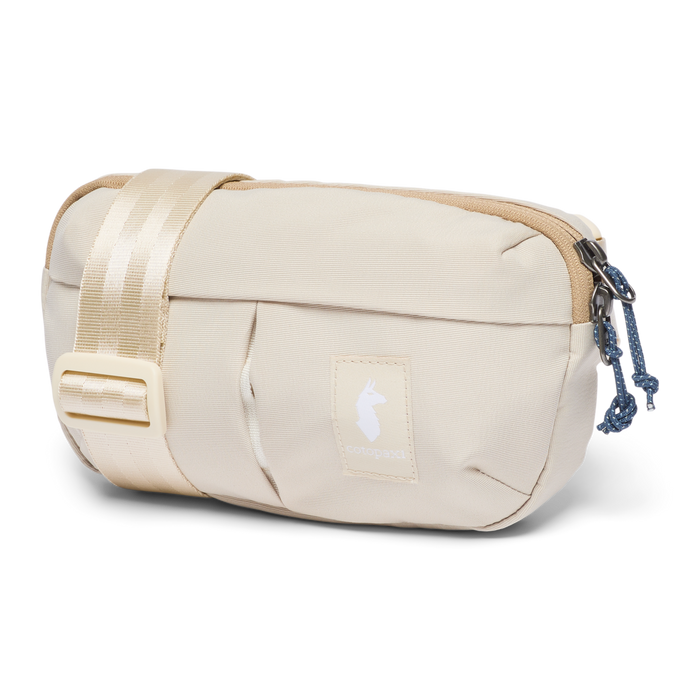 Beige travel pouch with a visible brand logo on a white background