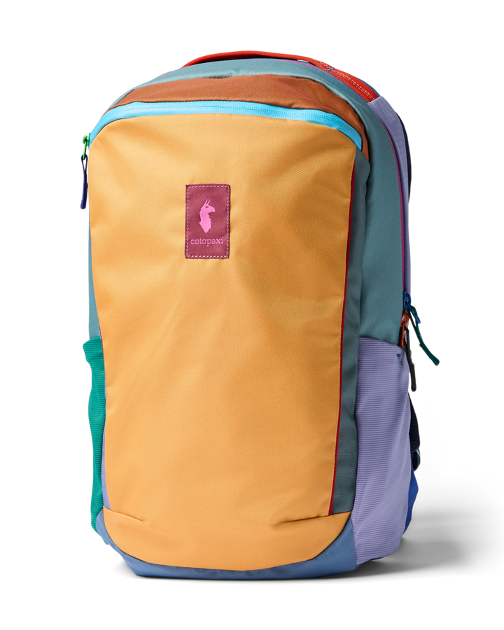 Multicolored backpack with a visible brand logo on a white background