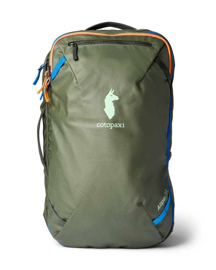Green backpack with blue and yellow accents and Cotopaxi logo on a white background