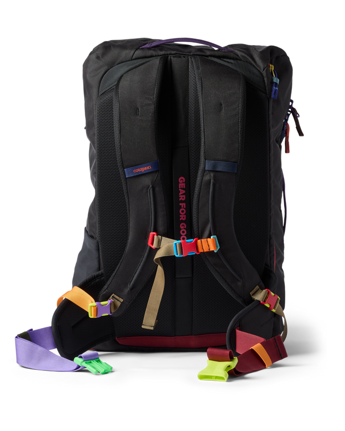 Black backpack with colorful straps on a white background