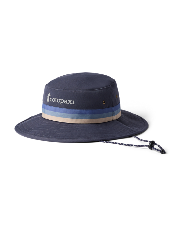 Navy bucket hat with a striped band and &