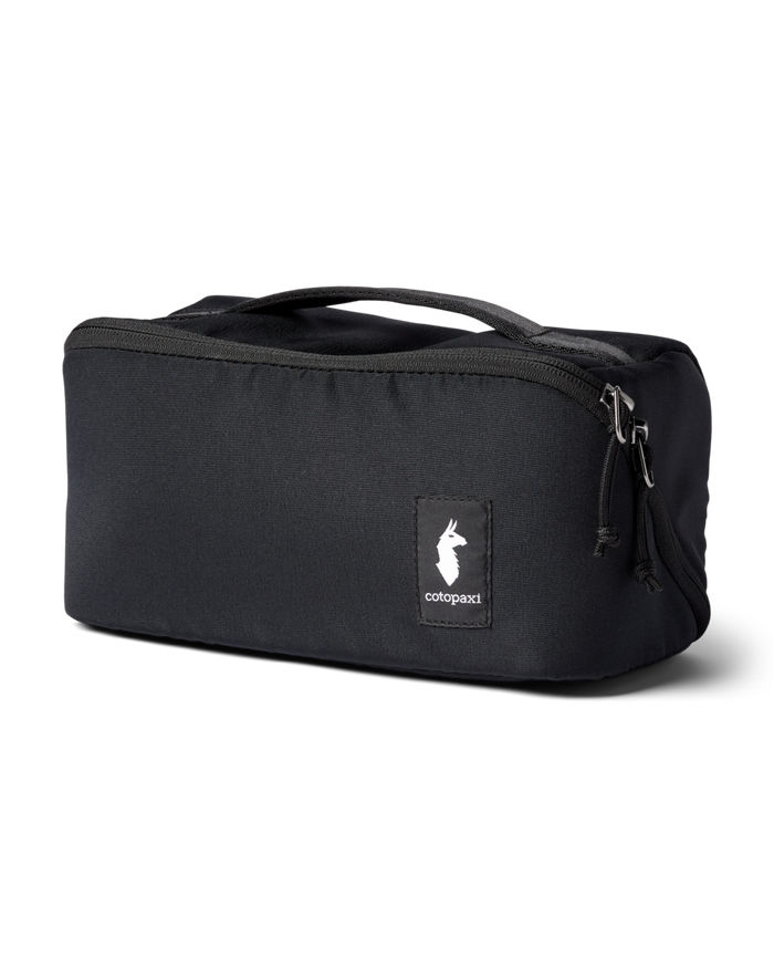 Black toiletry bag with a visible brand logo on a white background