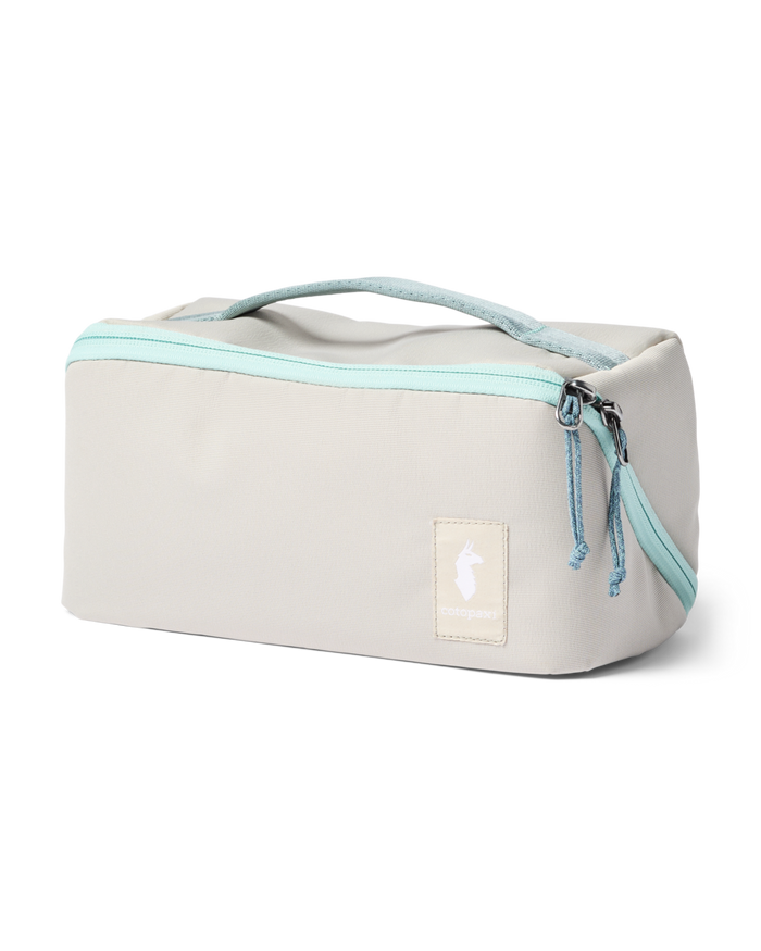 Grey toiletry bag with light blue accents on a white background