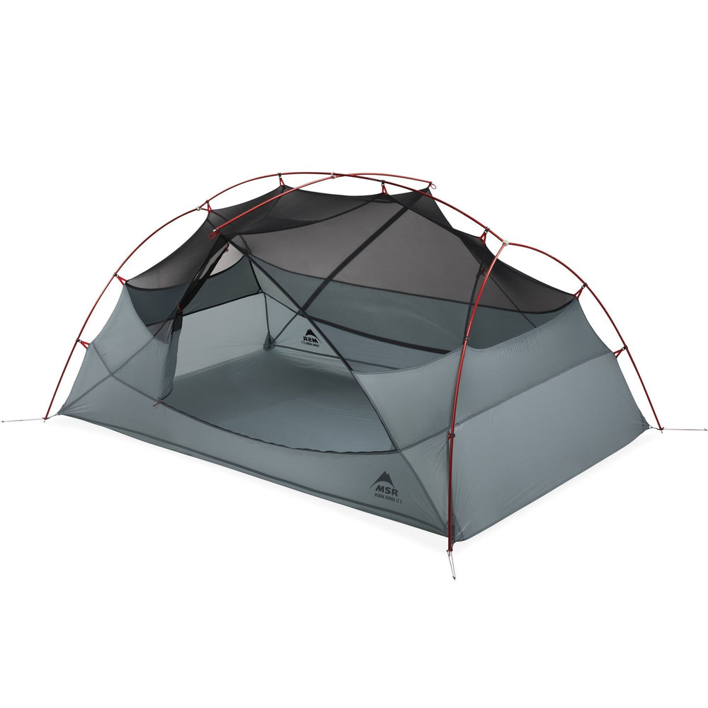 Grey camping tent with red poles on a white background