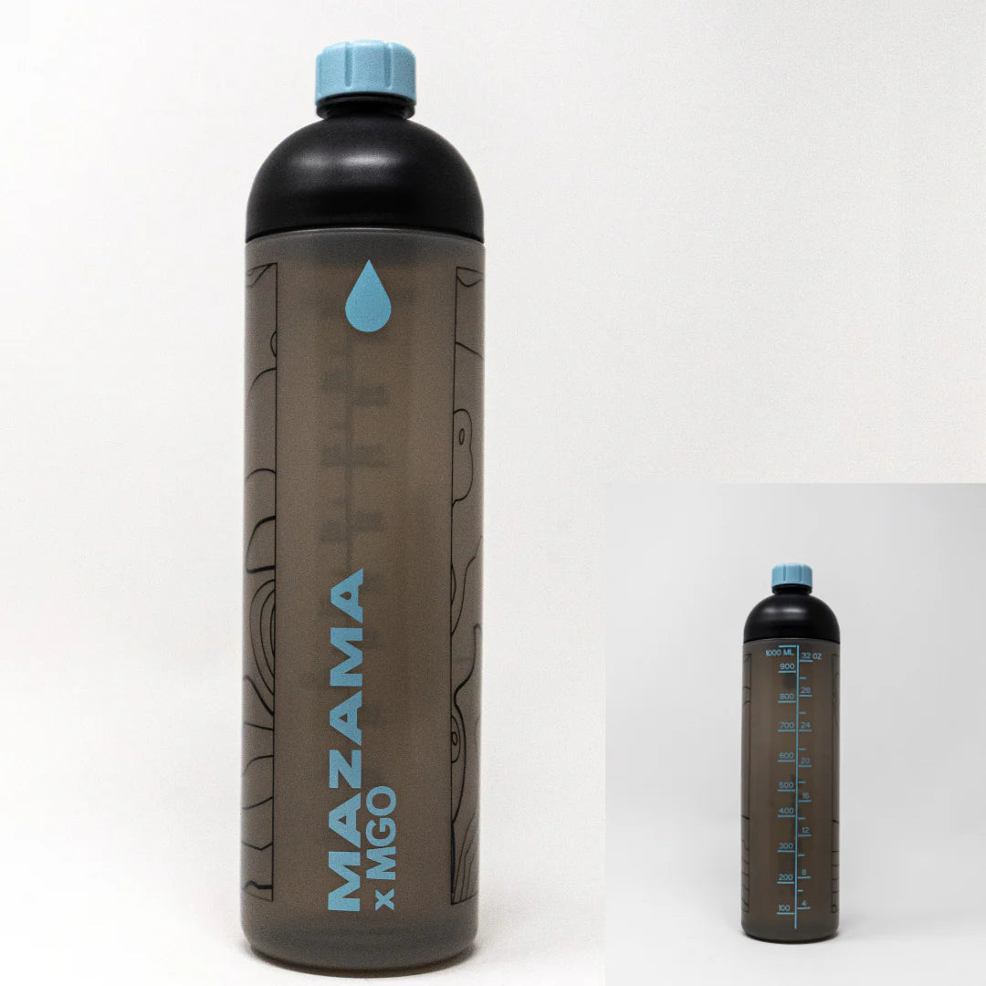 Black and light blue water bottle with Mazama branding on a white background