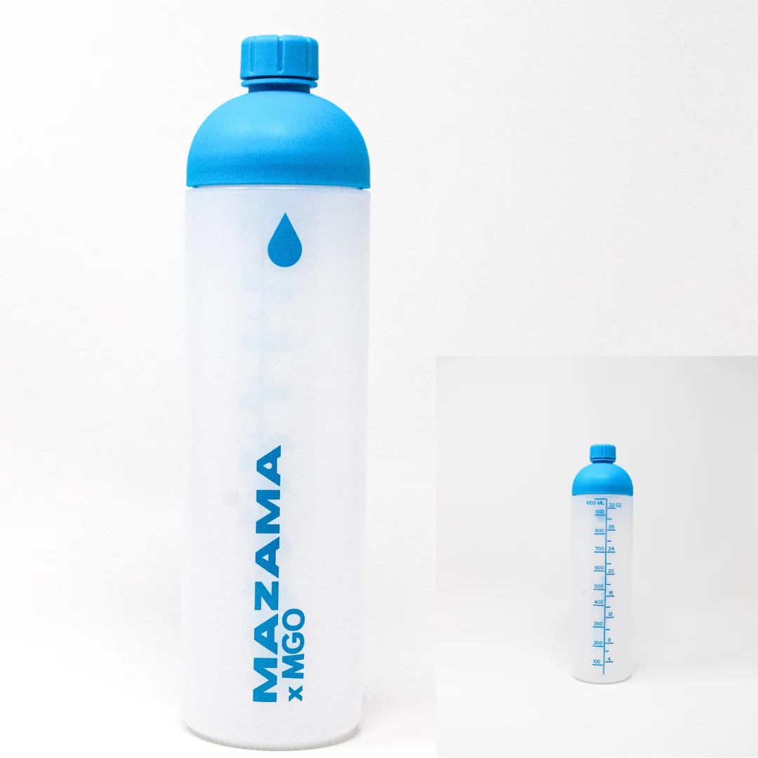 Blue water bottle with Mazama banding on a white background