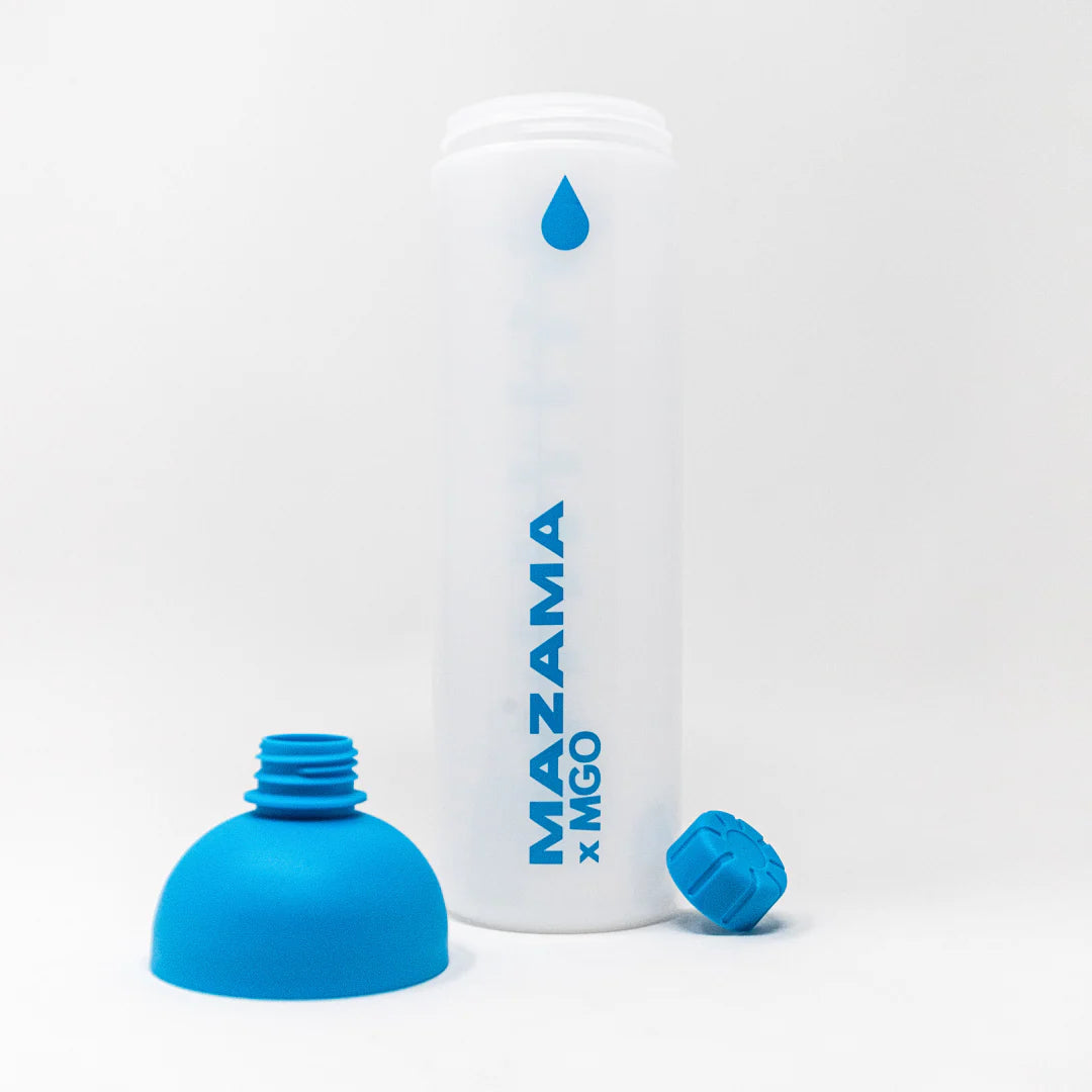 Light blue and white water bottle with multipart cap removed