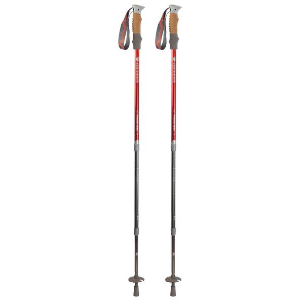 Two red and trekking poles on a white background