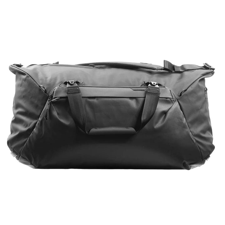 Black duffel bag on a white background