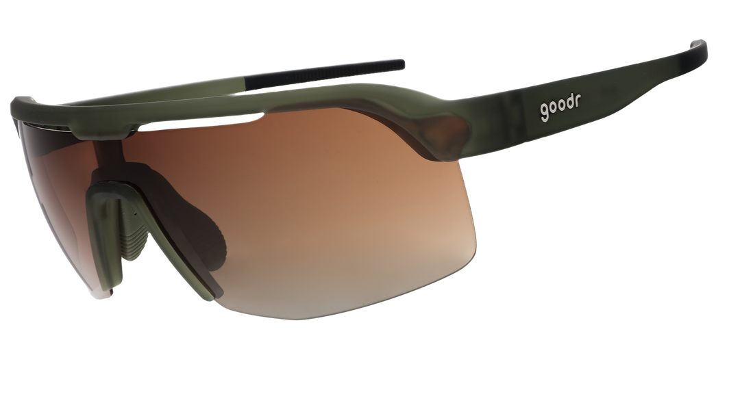 Sunglasses with a brown gradient lens and black frame on a white background