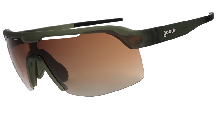 Sunglasses with a brown gradient lens and black frame on a white background