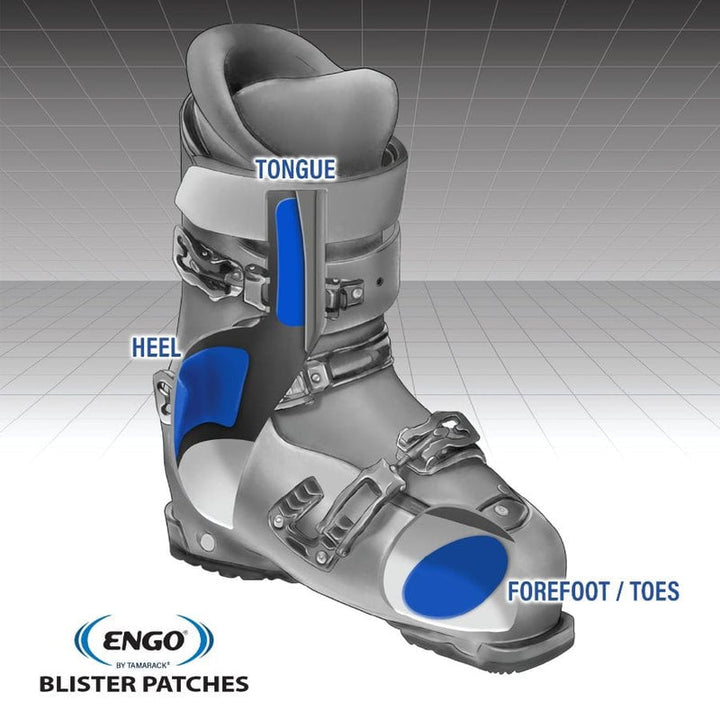 Cutaway diagram of a hiking boot with three blue blister patches labeled