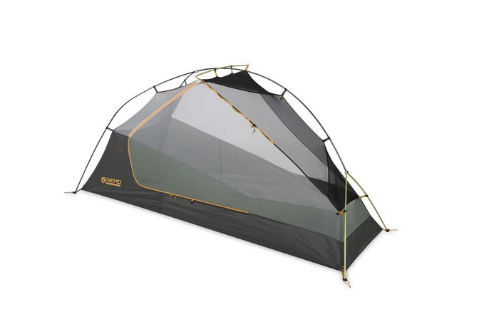 A gray Nemo Dragonfly OSMO 1P Bikepacking Tent displayed against a white background, showcasing its ultralight design with a visible mesh inner tent and a waterproof outer fly.