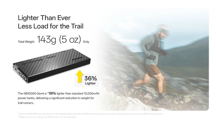 Advertisement for a power bank with a person running on a trail, highlighting its lightweight design.
