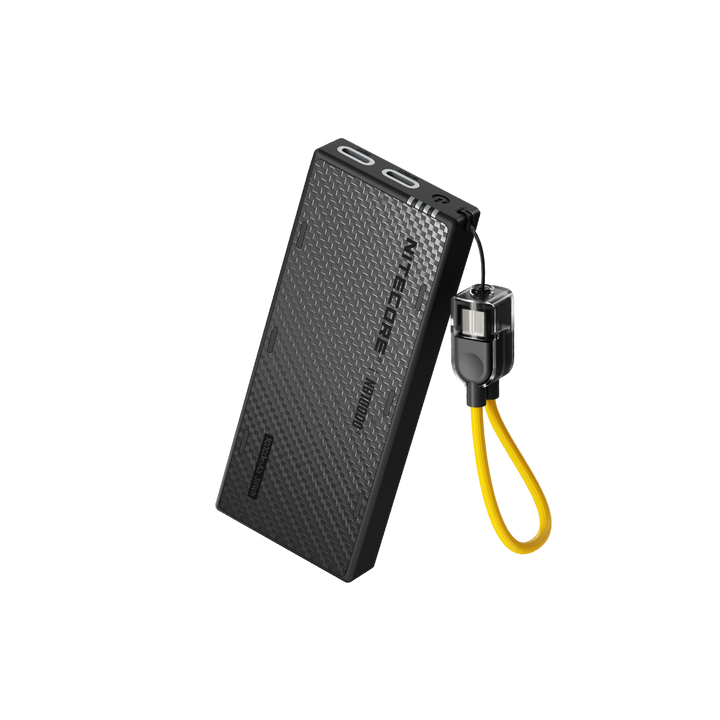 Black power bank with USB cable on a white background