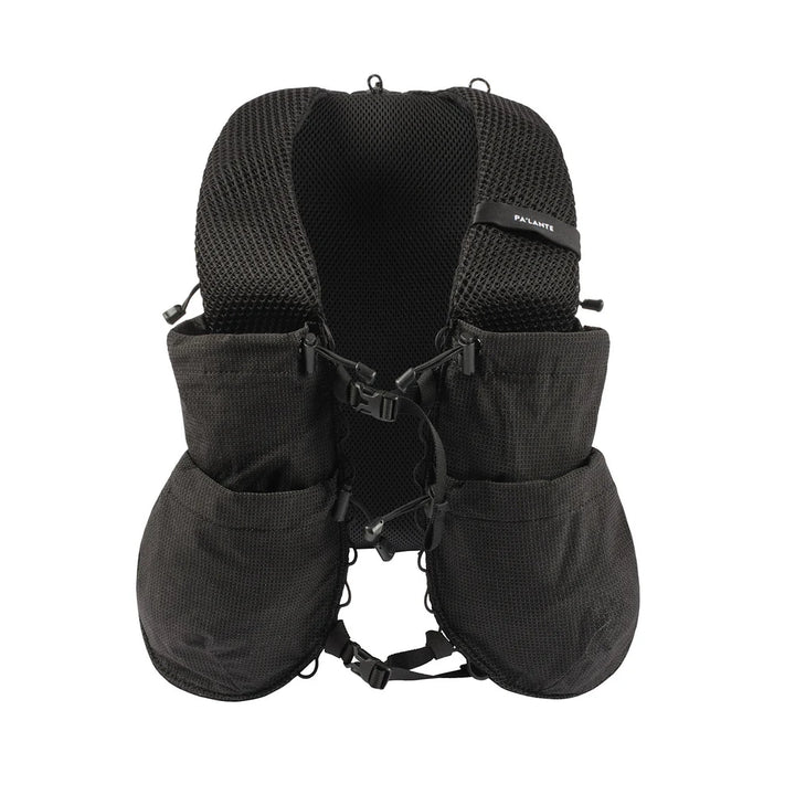 Black tactical vest with multiple pockets and straps on a white background