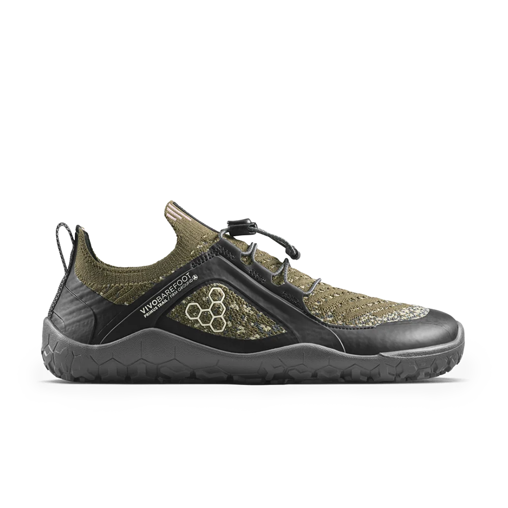 A pair of olive green and black Vivo Barefoot Primus Trail Knit FG women&