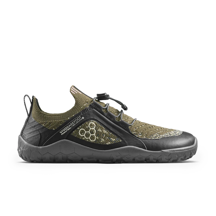 A pair of olive green and black Vivo Barefoot Primus Trail Knit FG women&