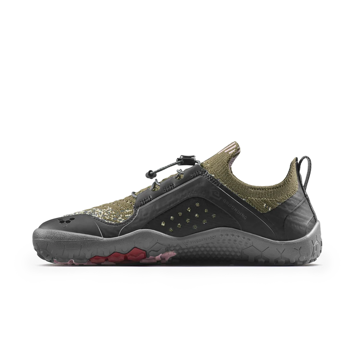 Black and olive green athletic shoe on a white background
