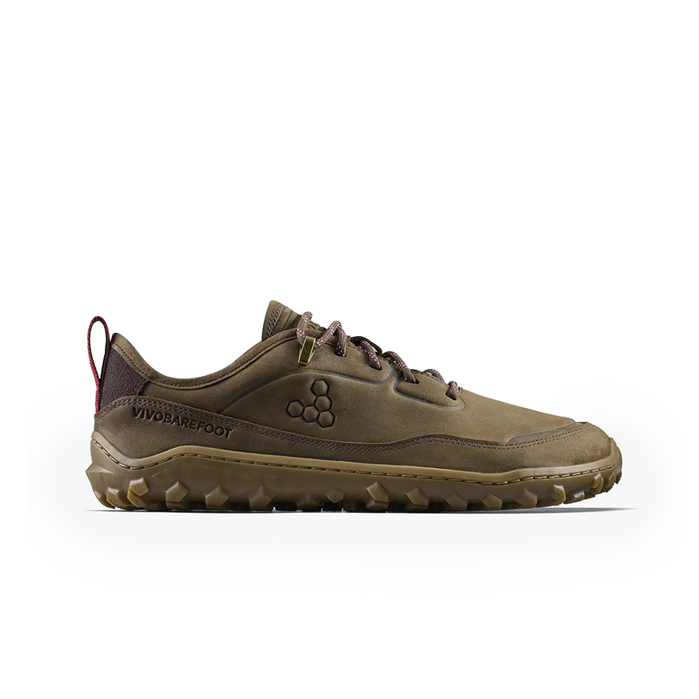 A low-top Vivobarefoot sneaker in olive brown and tan, shown from the side against a solid white background.