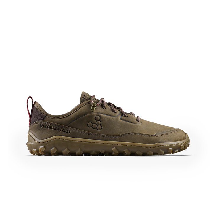 A low-top Vivobarefoot sneaker in olive brown and tan, shown from the side against a solid white background.