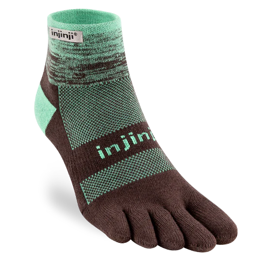 Mint and brown five-toe sock with 'injinji' branding on a white background