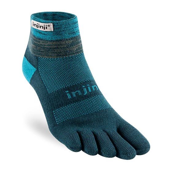 Teal and gray five-toe sock with 'injinji' branding on a white background