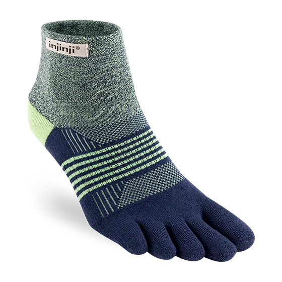 Five-toe sock with a flouro-green and navy blue pattern on a white background