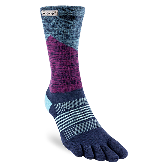 Multicolored five-toe sock with 'injinji' branding on a white background