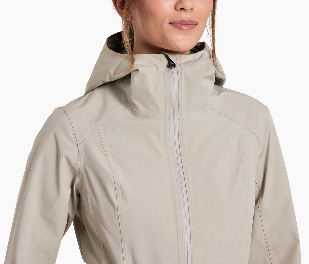 Upper torso of woman wearing a cream raincoat