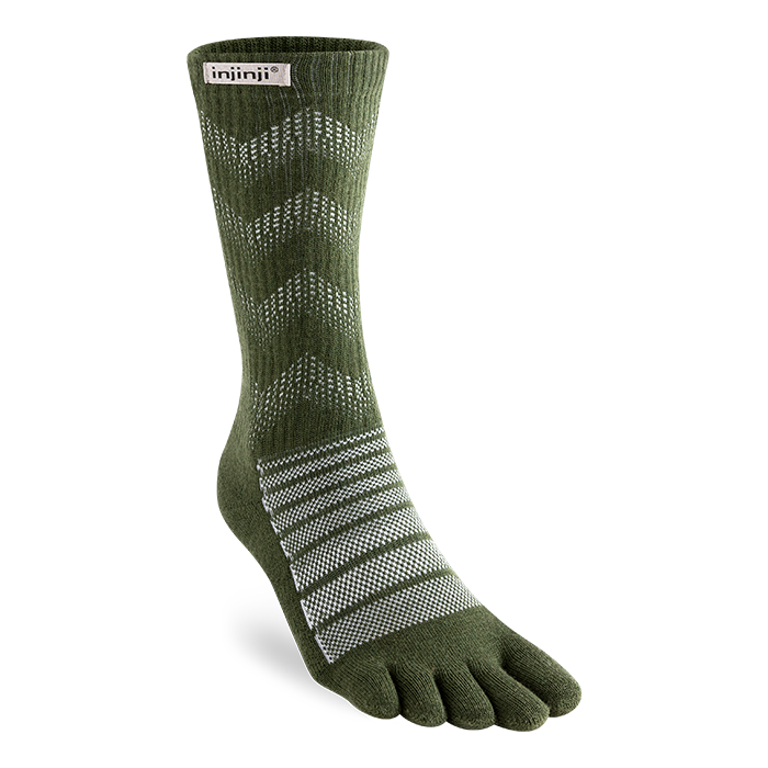 Green woolen toe sock with white pattern and Injinji label