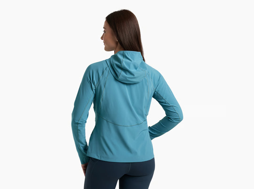 Woman wearing a blue hoodie on a white background